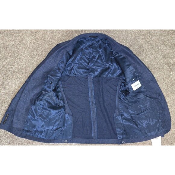 Calvin Klein Mens Slim Fit Navy Herringbone Blazer Two-Button Style 385 Short - Picture 9 of 9